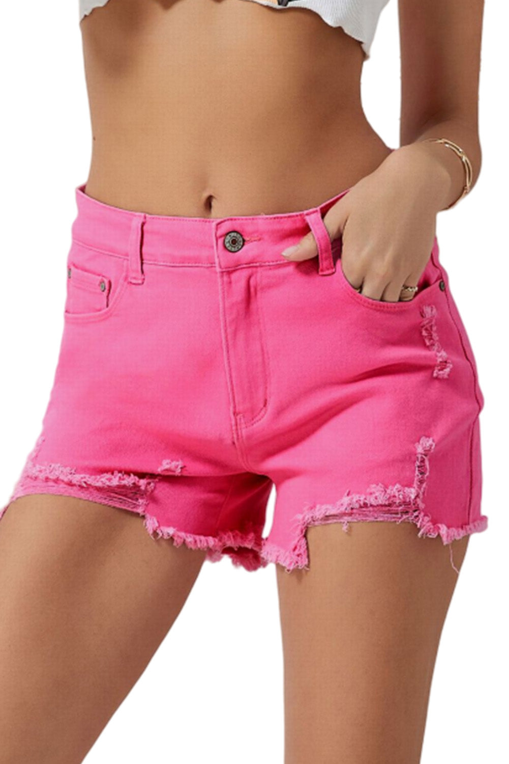 Rozen Versleten Slim Fit Hoge Taille Denim Shorts