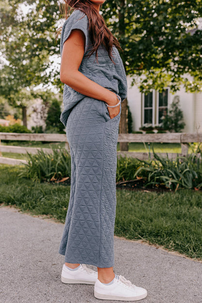 Sage Green Quilted Short Sleeve Wide Leg Pants Set