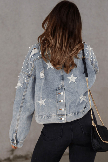 Zwarte distressed pearls ster cropped denim jack