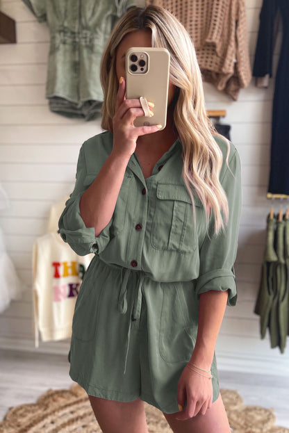 Jungle Green Roll up Sleeve Flap Pockets Drawstring Playsuit