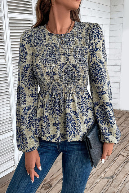 Hemelsblauwe Boho-blouse met ballonmouwen en smokwerk en peplum