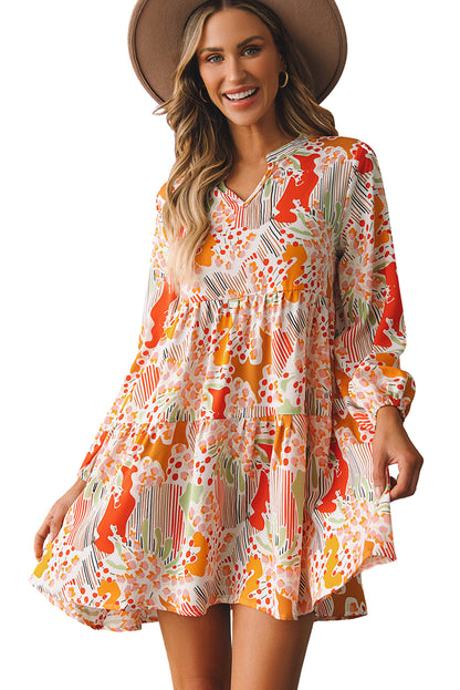 Multicolour Split Neck Puff Sleeve Flowy Print Jurk