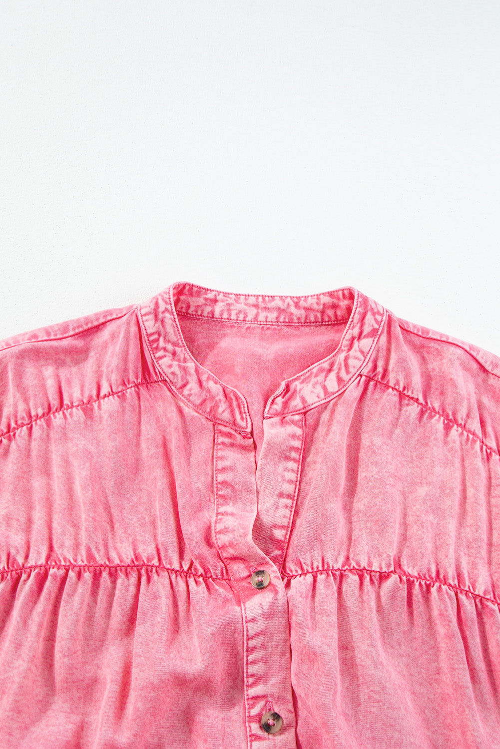 Roze geplooide korte mouwen denim mini-jurk met knopen