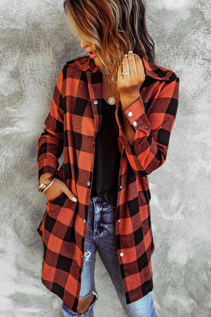 Brown Turn-down Collar Plaid Shirt Coat