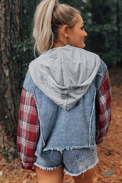 Beau Blue Plaid Print Patchwork Hooded Raw Hem Denim Jack