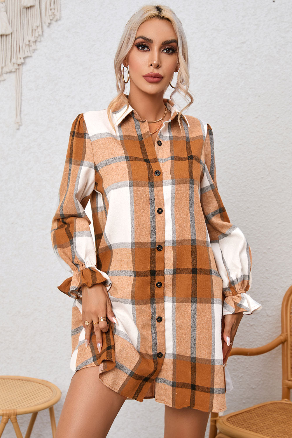 Khaki Plaid-patroon Kraag Hals Ruffle Mouw Shirt Jurk