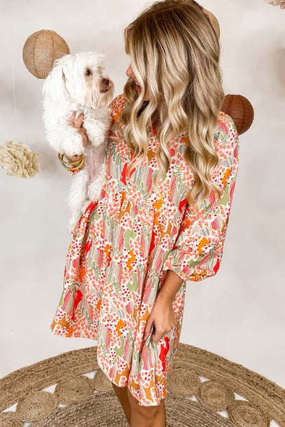 Multicolour Split Neck Puff Sleeve Flowy Print Jurk