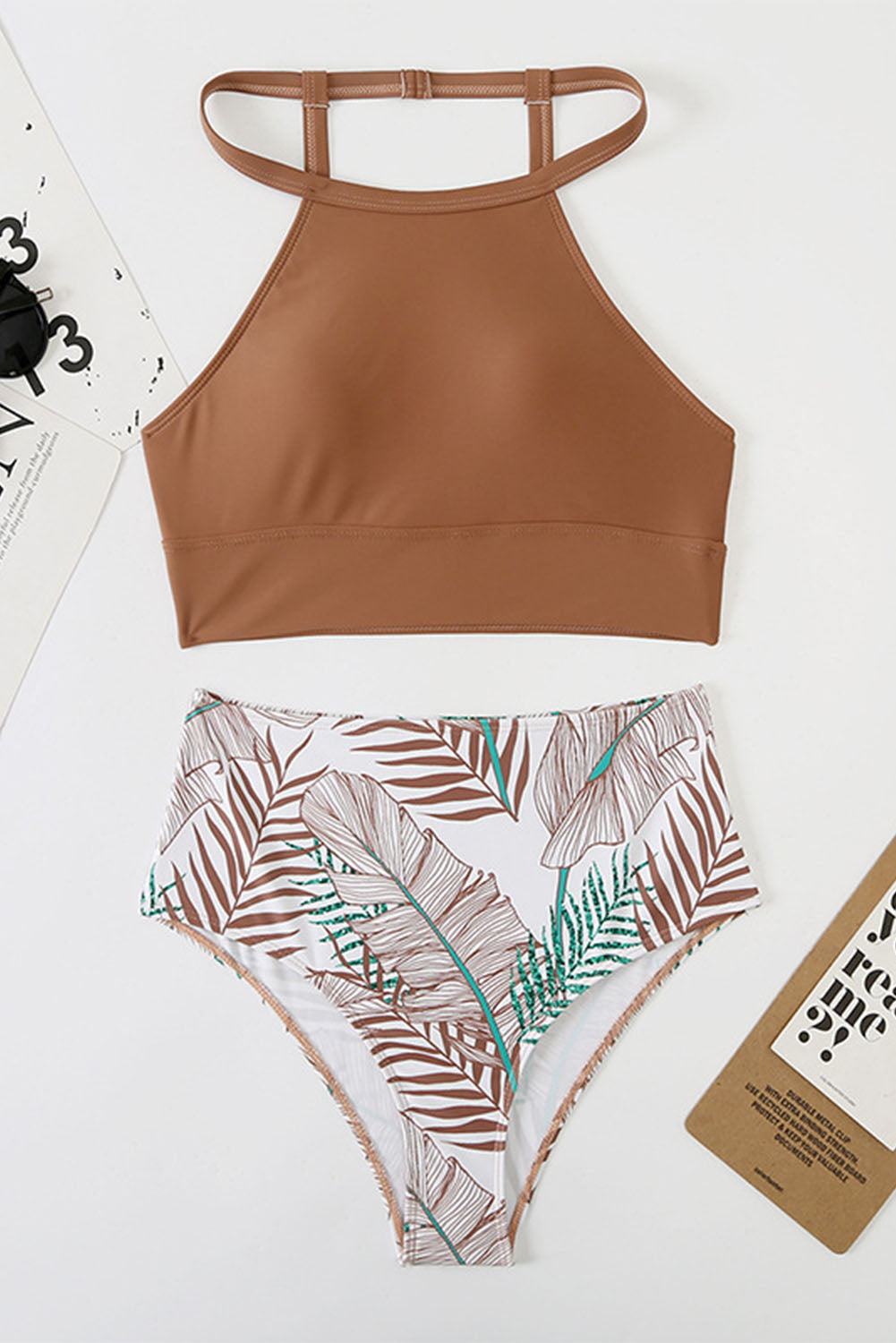 Brown Solid Strappy Halter Bikini Printed High Waist Swimsuit