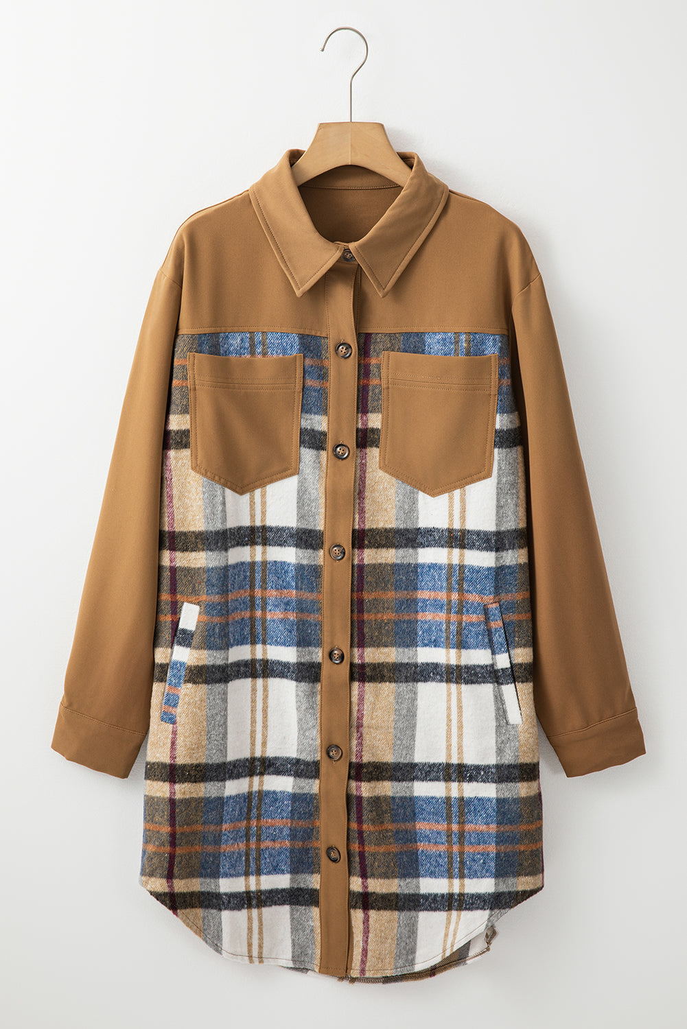 Khaki Plaid Patchwork Lange Mouw Shirt Mini Jurk