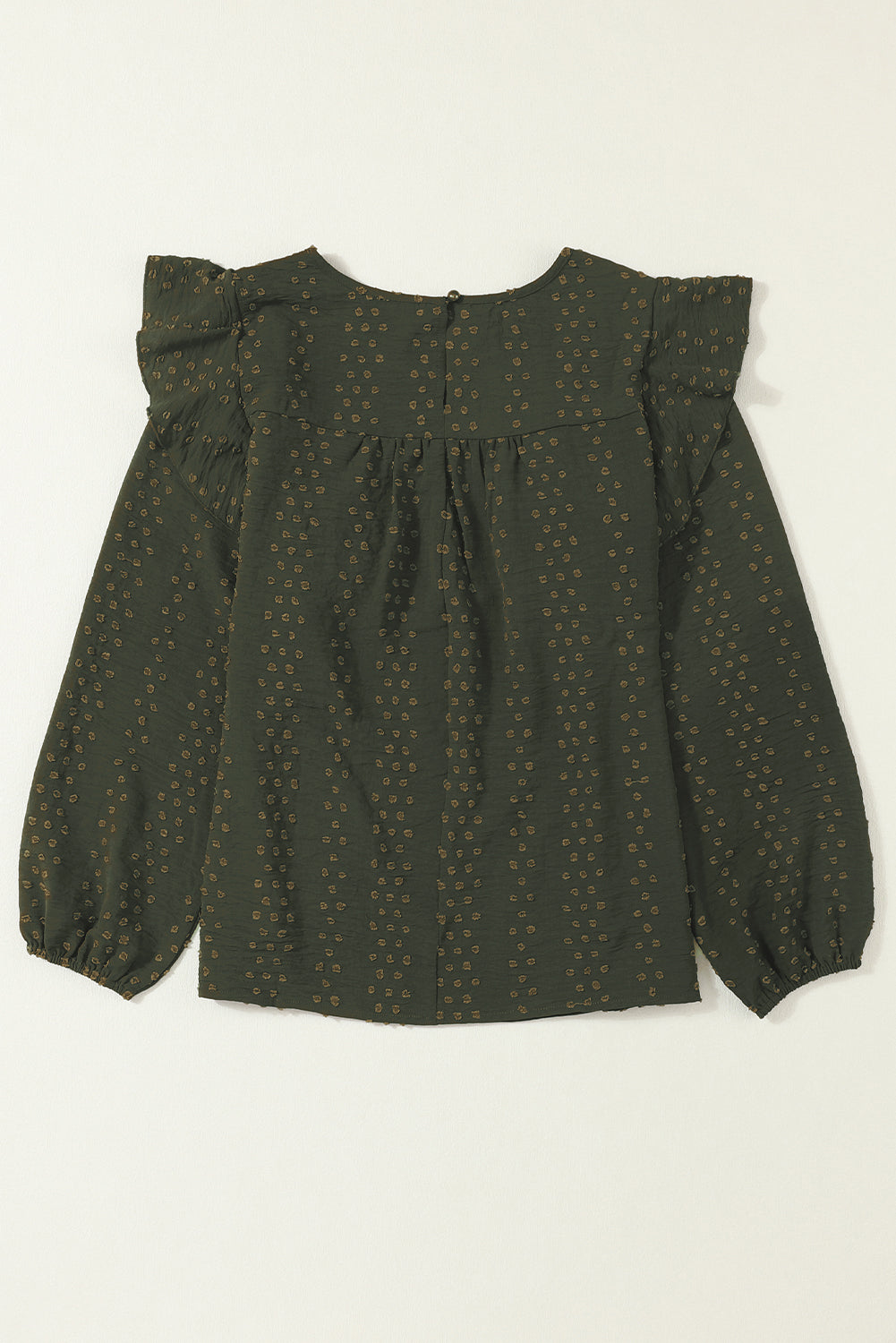 Zwartgroene kanten blouse met ruches op de schouder en lange mouwen