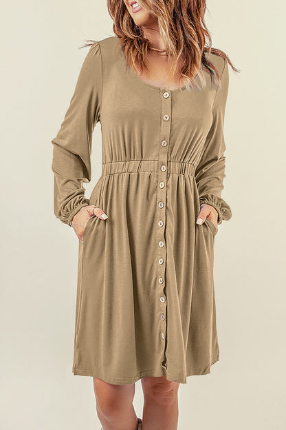 Khaki Knoopjurk met Hoge Taille en Lange Mouwen