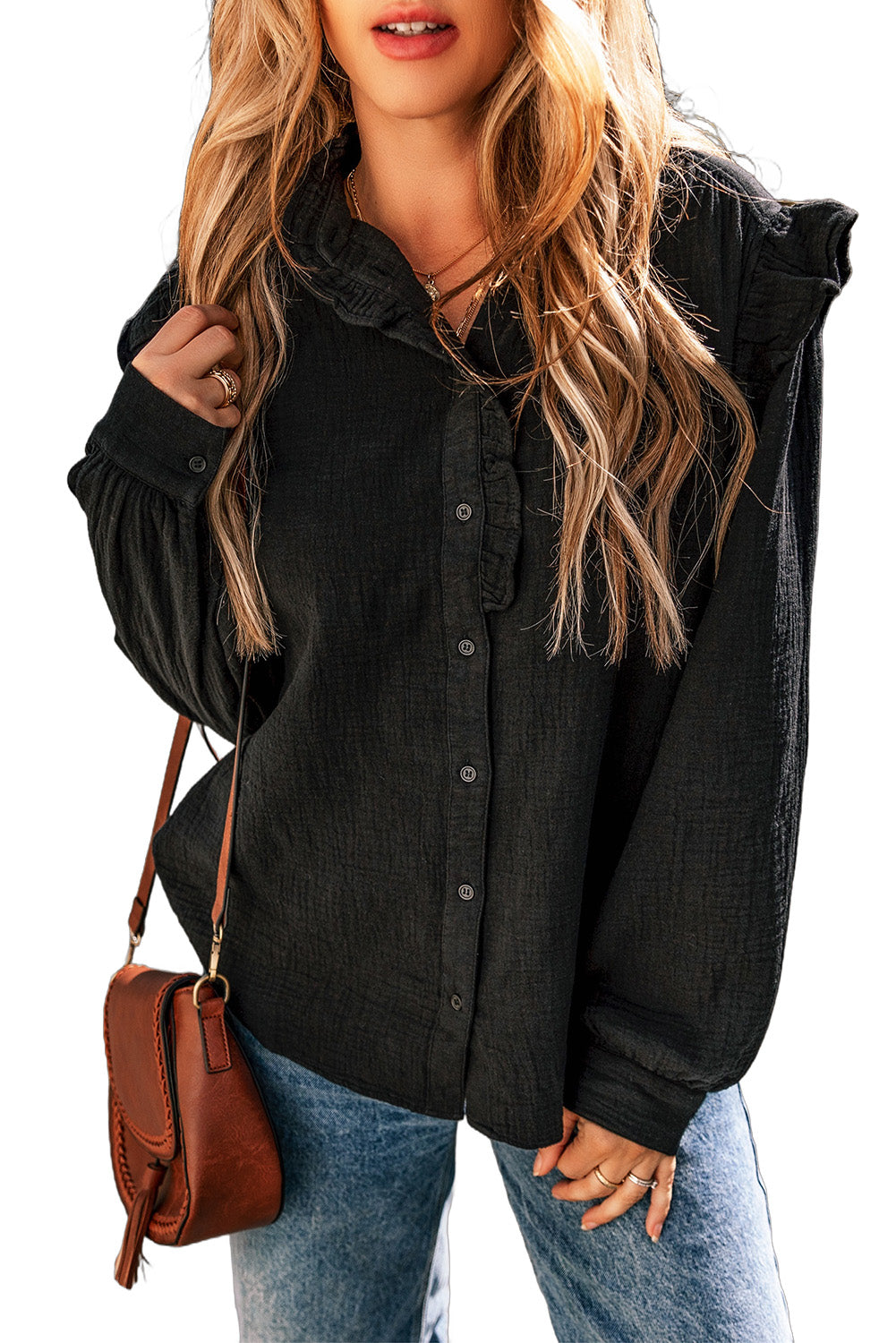 Black Textured Ruffled Trim Buttoned Loose Fit Shirt