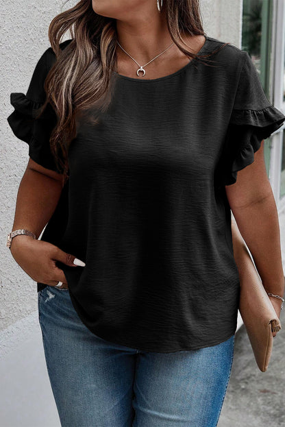 Dark Grey Ruffled Short Sleeve Plus Size Top