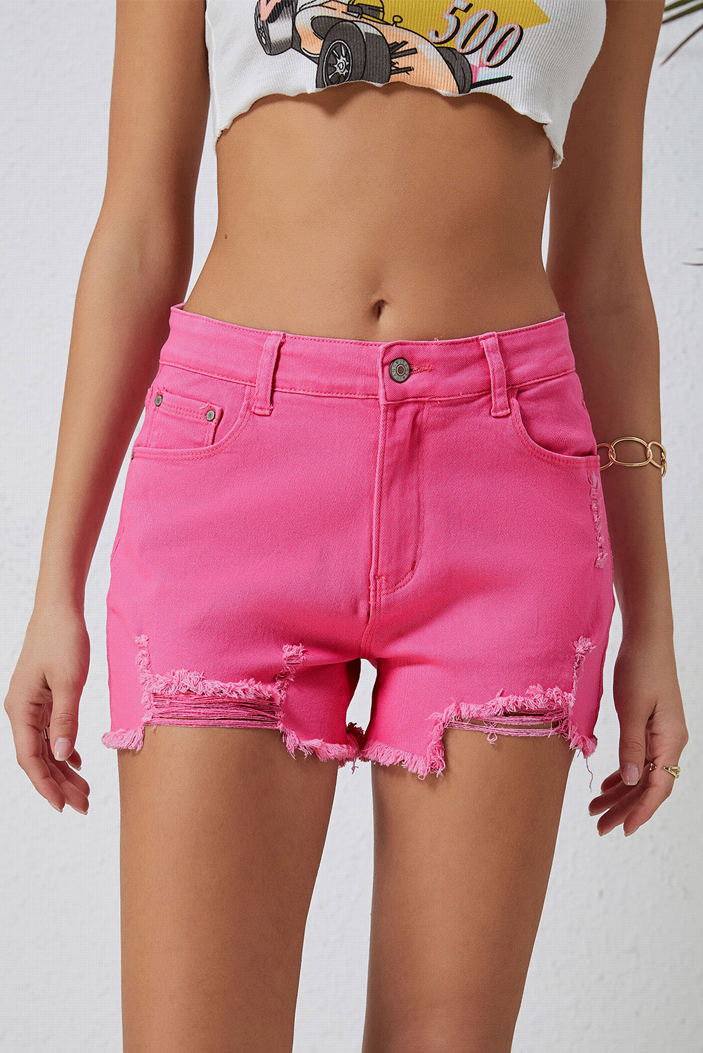 Rozen Versleten Slim Fit Hoge Taille Denim Shorts