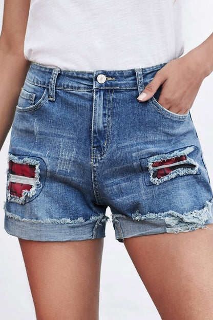 Casual denim shorts met bloemenpatchwork en opgerolde zoom