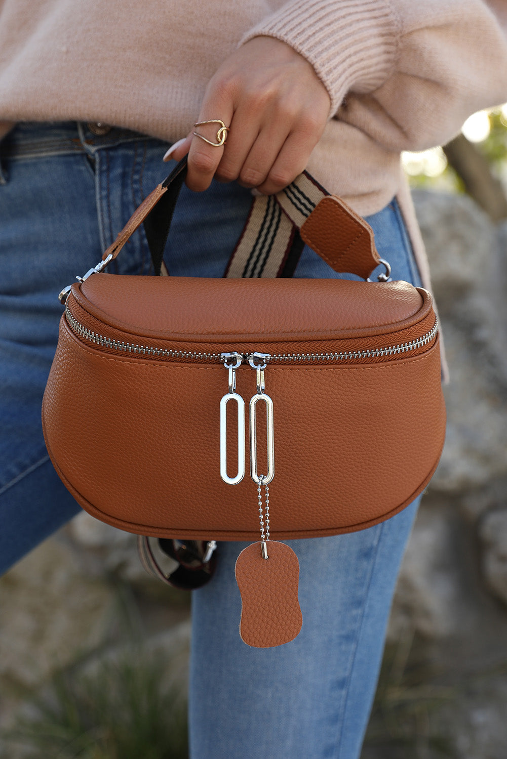 Chestnut Striped Strap Zipper PU Leather Crossbody Bag