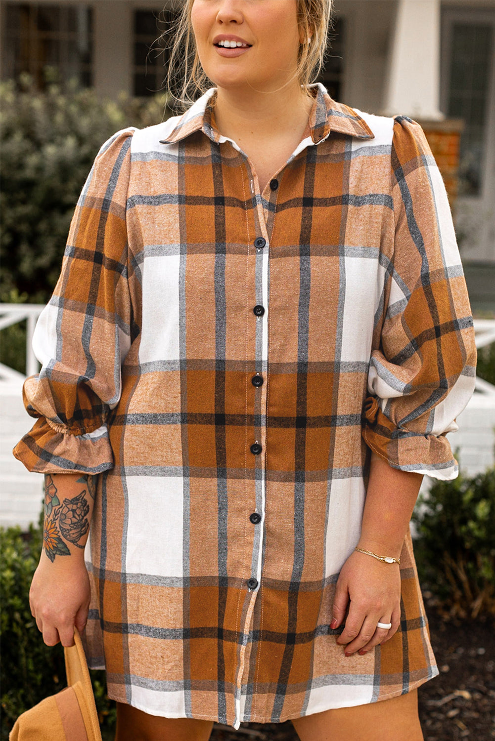 Khaki Plus Size Plaid Flounce Mouw Knoopsluiting Shirtjurk