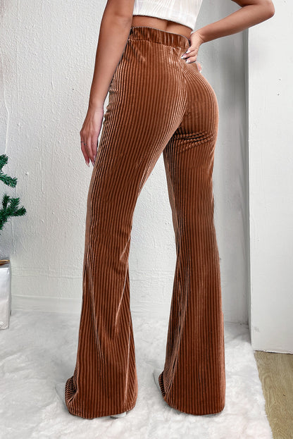 Kastanjebruine effen kleur hoge taille flare corduroy broek