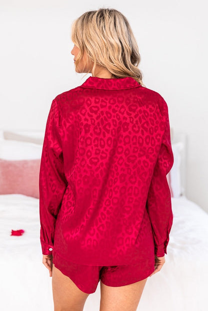 Fiery Red 2pcs Satin Leopard Long Sleeve Top and Shorts Lounge Set