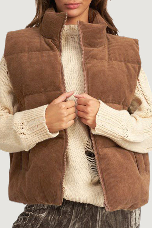 Koffie Corduroy Stand Neck Zipped Puffer Vest