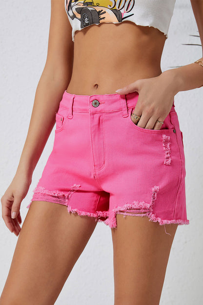 Rozen Versleten Slim Fit Hoge Taille Denim Shorts