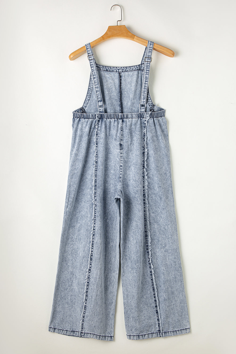 Beau Blue Light Wash Gerafelde zichtbare naad Wijde pijpen denim overall