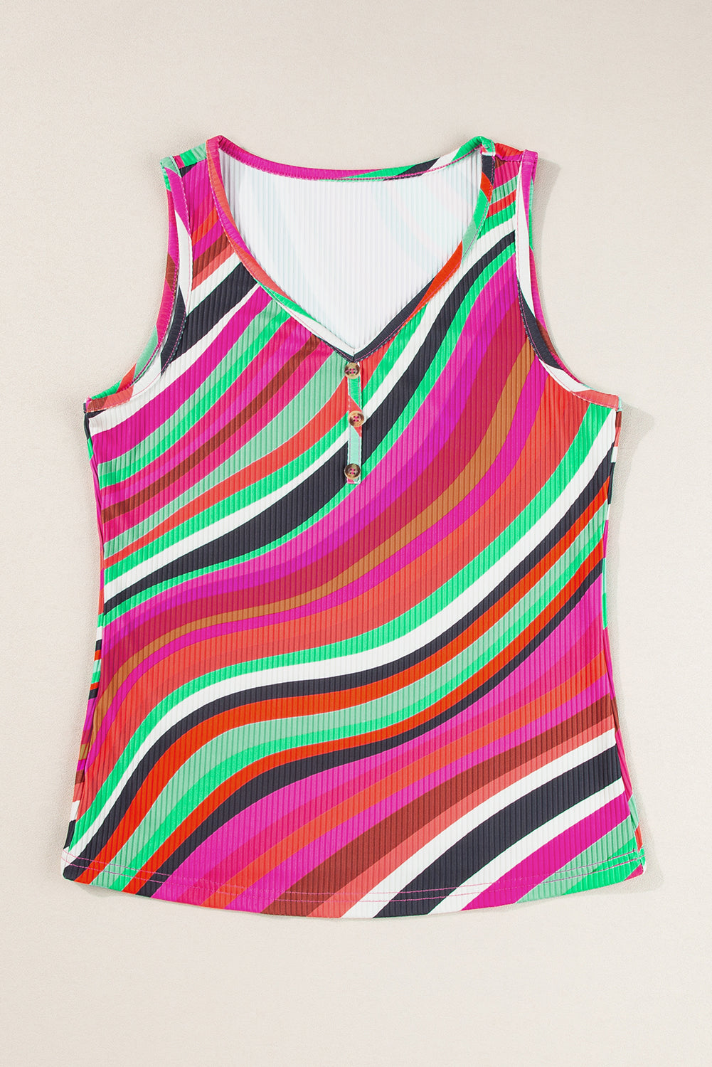 Multicolour Wavy Striped Buttoned V Neck Tank Top