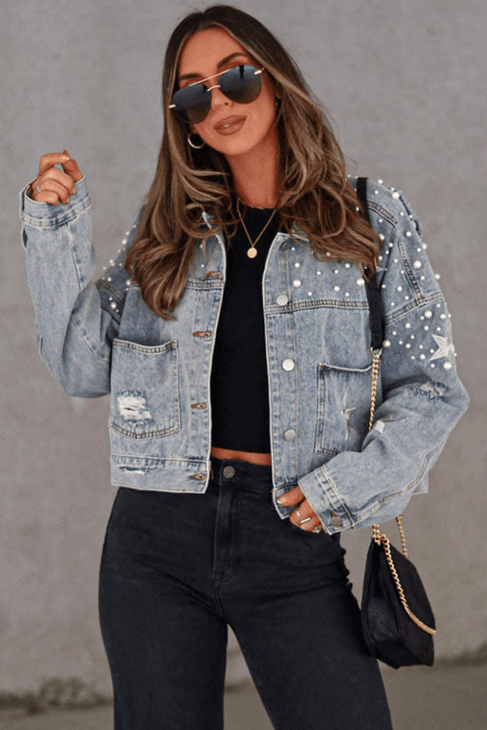 Zwarte distressed pearls ster cropped denim jack