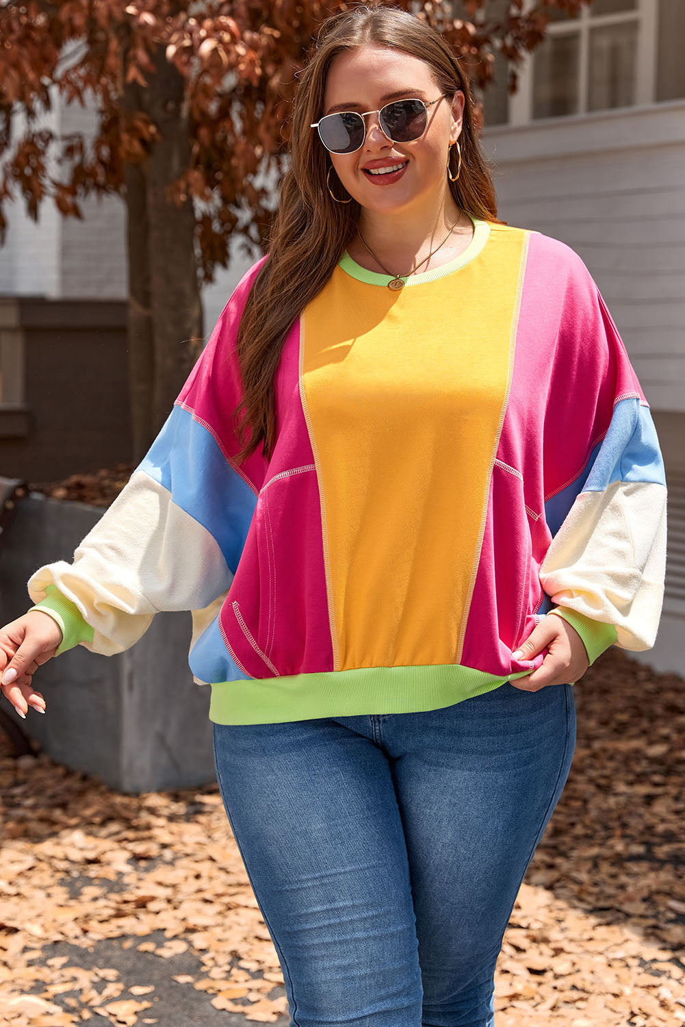 Rozerood Plus Size Colorblock Patchwork Sweatshirt met zichtbare naden