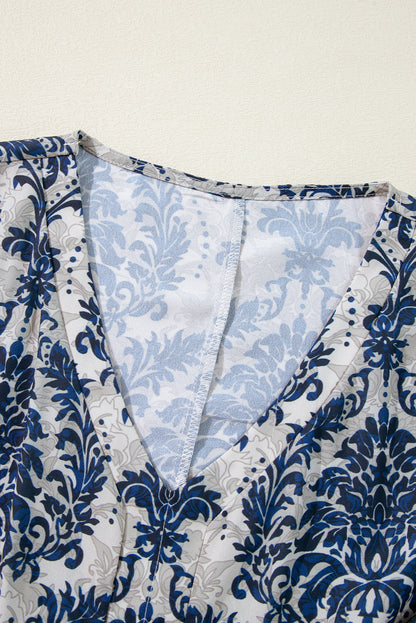 Blauwe Vintage Flower Tree Kwart Mouw V Hals Blouse