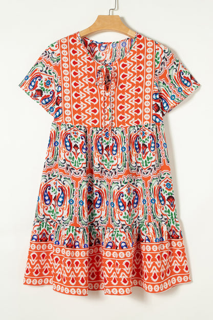 Oranje Bohemian Print Strik Hals Ruffle Zoom Korte Jurk