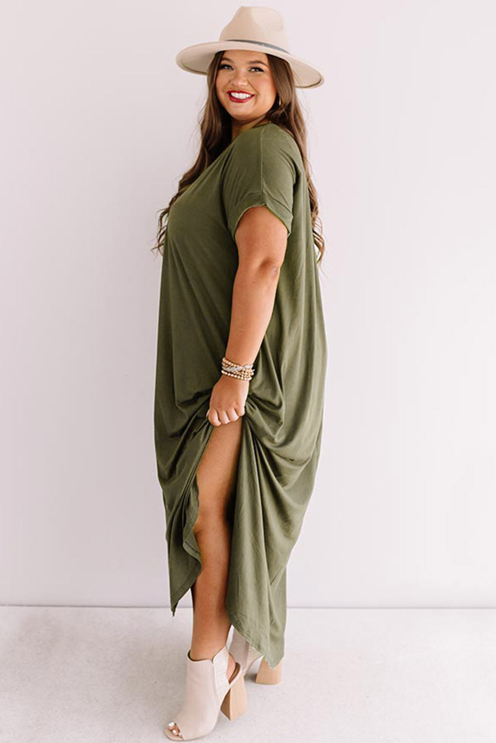 Groene Plus Size V-hals Gerolde Manchetten Maxi-jurk