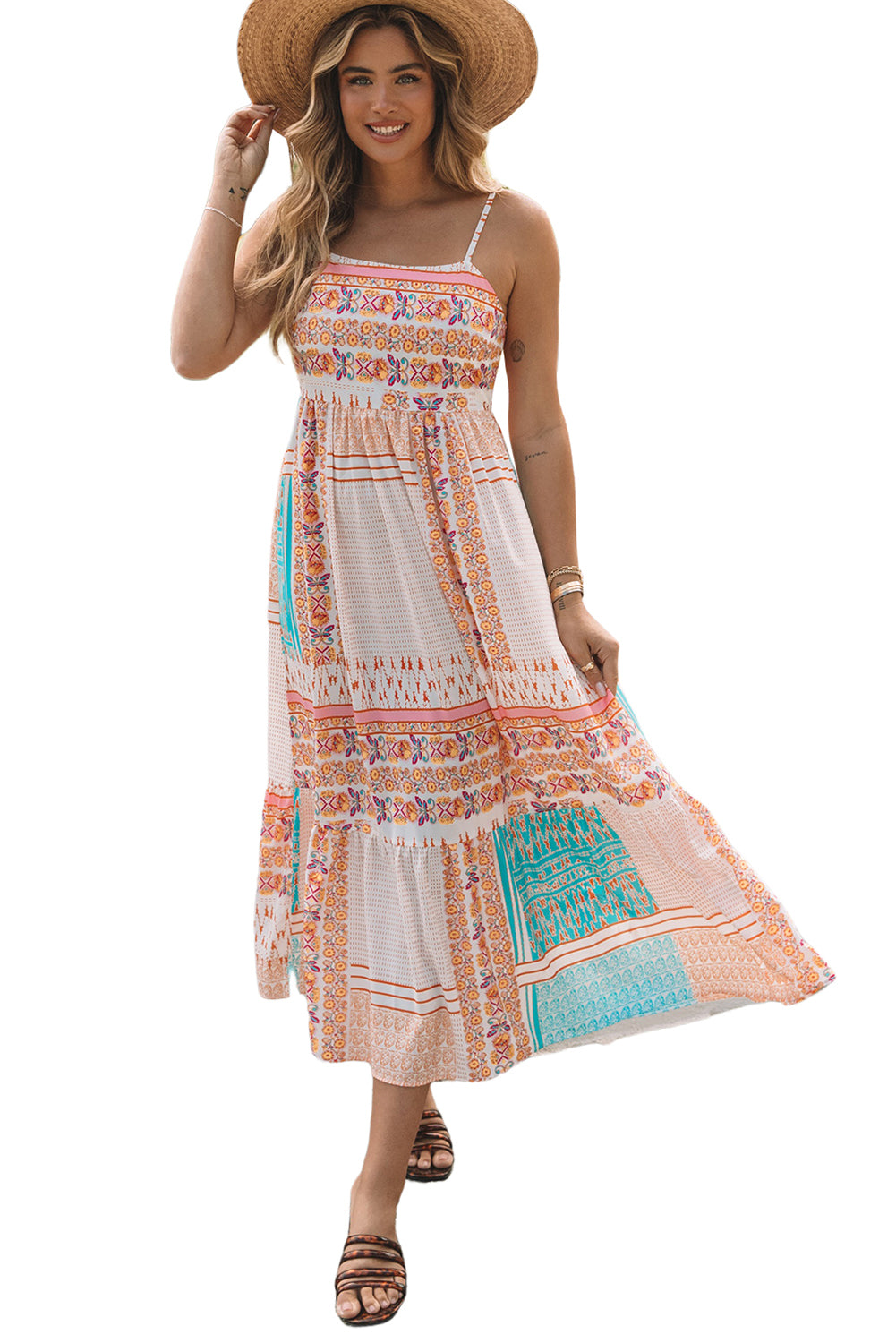 Multicolor Boho Patchwork Print Vierkante Hals Zomerjurk