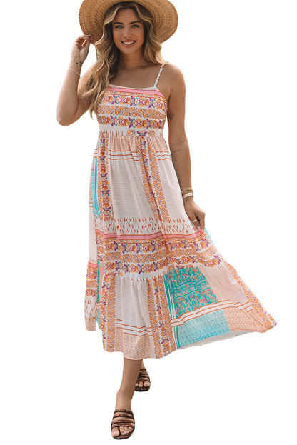 Multicolor Boho Patchwork Print Vierkante Hals Zomerjurk