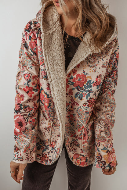 Beige Vintage Paisley Bloemenprint Sherpa Gevoerde Capuchon Jas