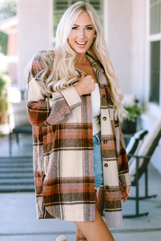 Brown Plaid Print Flap Pockets Long Shacket