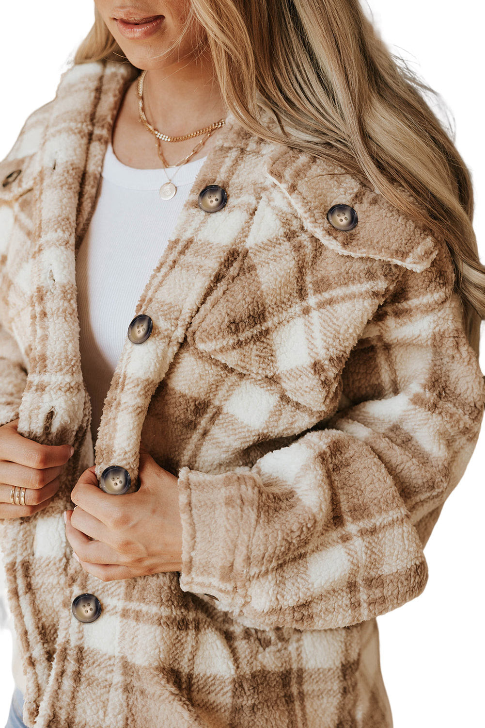 Khaki Sherpa Plaid-jas met knoopsluiting en zakken