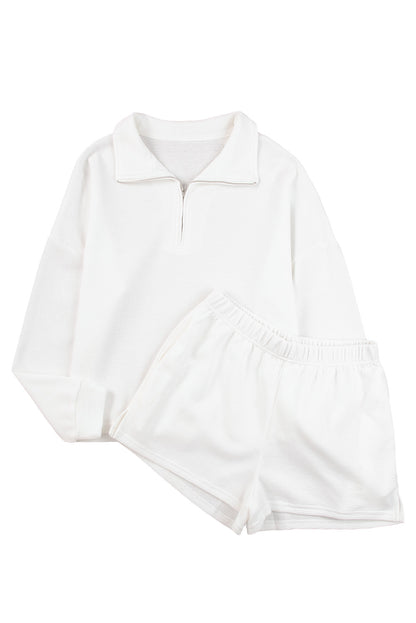 Grijze geribbelde ritssweatshirt en hoge taille shorts set