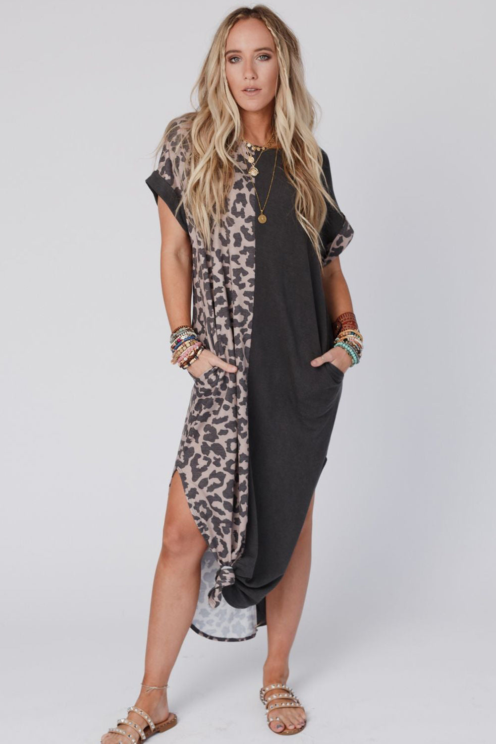 Gray Contrast Solid Leopard Short Sleeve T-shirt Dress with Slits