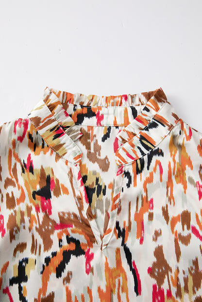 Blouse met veelkleurige abstracte print, 3/4 pofmouwen en ruches