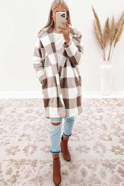 Brown Plaid Lapel Collar Long Open Front Coat