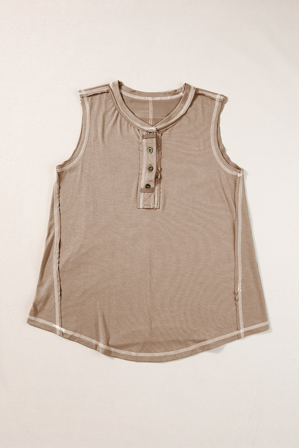 Licht Frans beige Henley tanktop met contrasterende stiksels en zichtbare naden