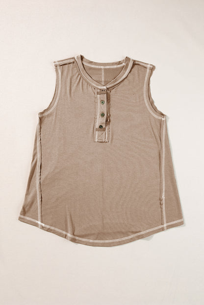 Licht Frans beige Henley tanktop met contrasterende stiksels en zichtbare naden