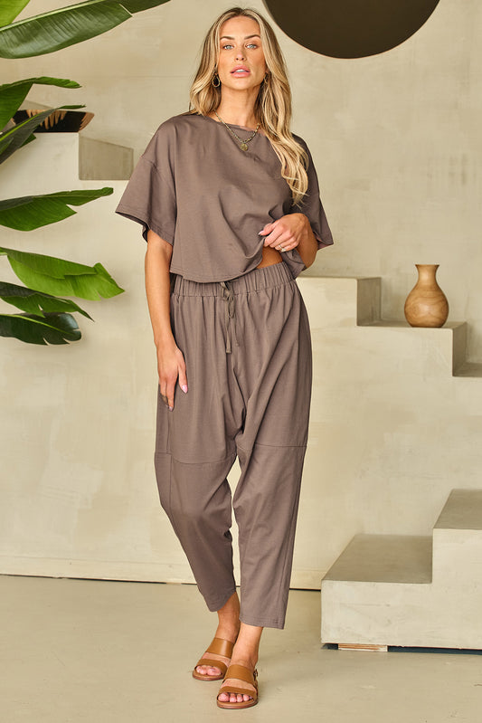 Simply Taupe High Low Boxy Fit T-shirt en Crop Pants Set