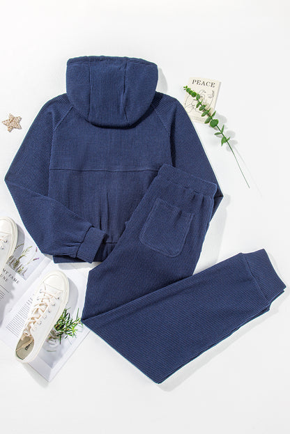 Marineblauwe geribbelde gebreide cropped hoodie en trekkoordjoggingbroekset