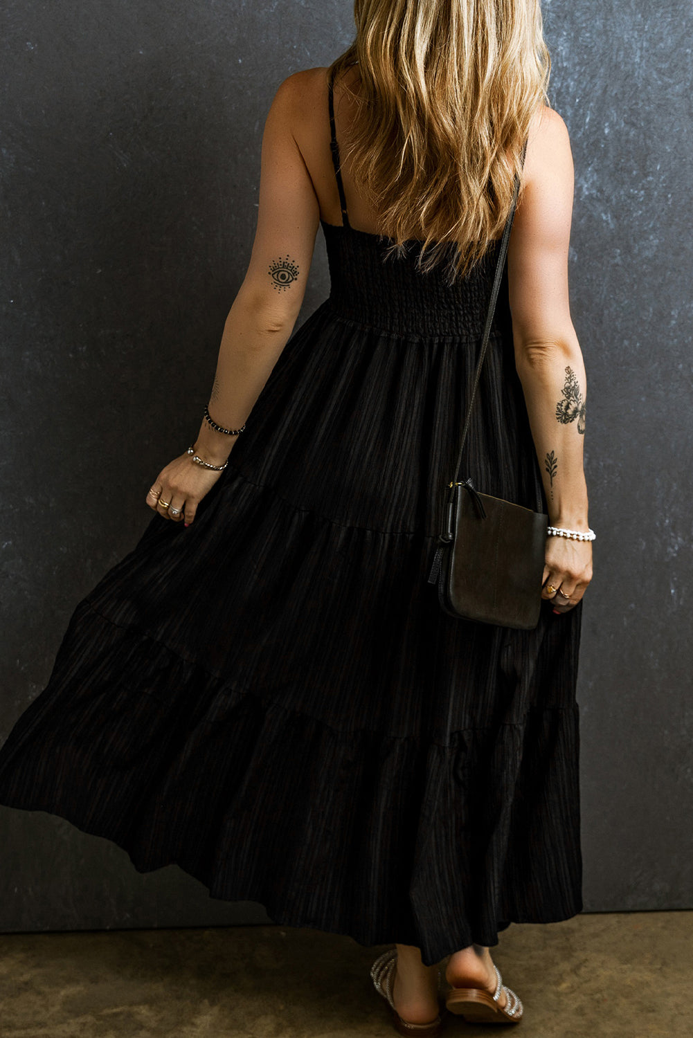 Black Spaghetti Straps Smocked Pleated Tiered Maxi Dress