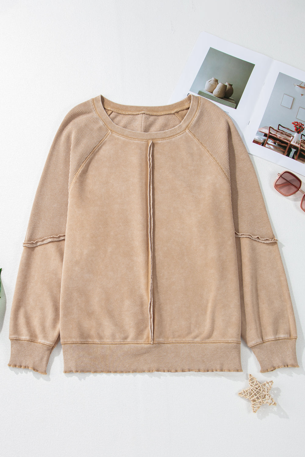 Licht Frans beige effen wafel gebreide patchwork raglanmouw sweatshirt