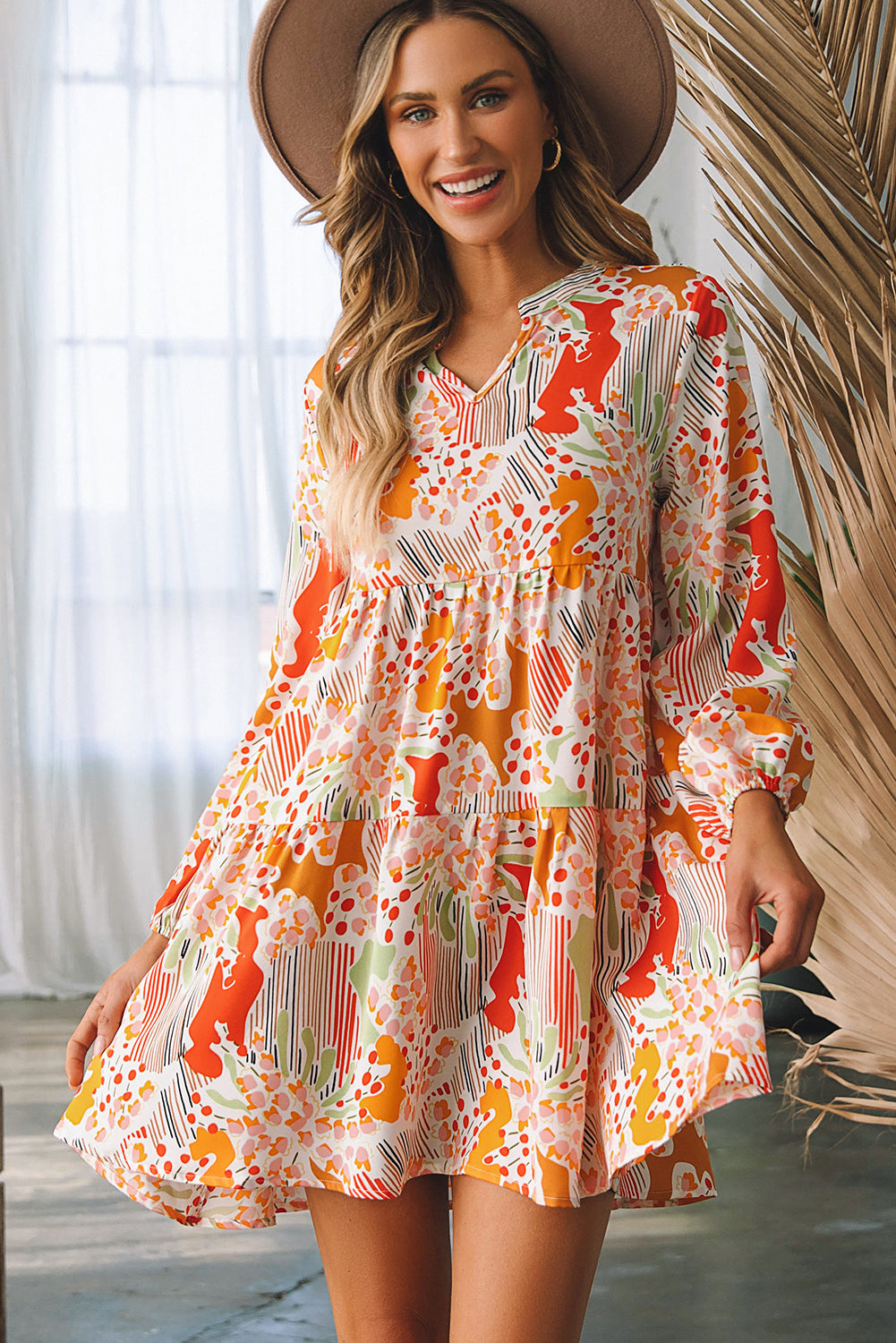 Multicolour Split Neck Puff Sleeve Flowy Print Jurk