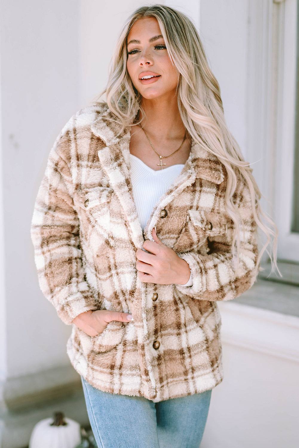 Khaki Sherpa Plaid-jas met knoopsluiting en zakken