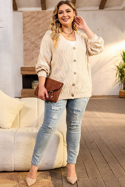 Abrikoos Plus Size Gebreid Uitgehold Knoopsluiting Cardigan